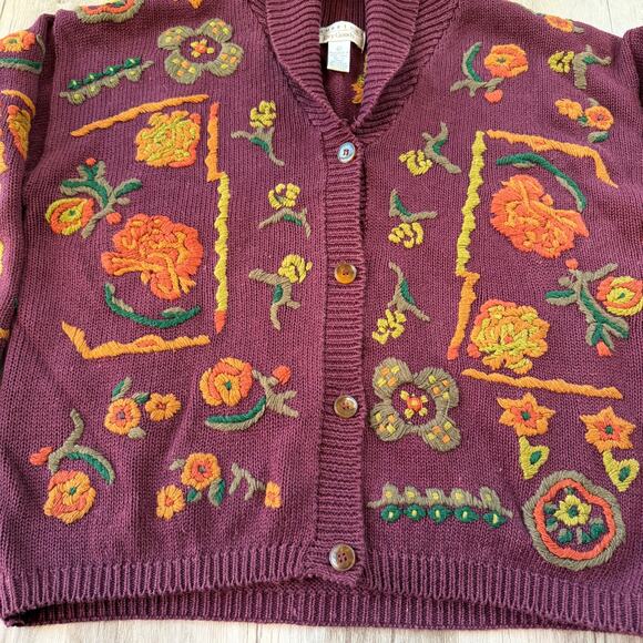 Cambridge Dry Goods Women’s Floral Embroidered Cardigan Sweater Burgundy Size L - Picture 4 of 11